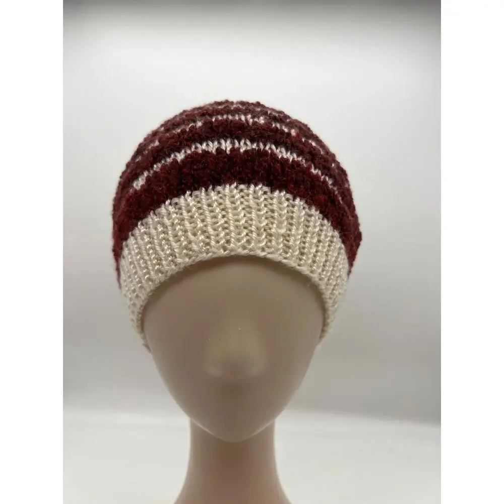 Knit Woven Wide Cream Burgundy Red Stripe Beanie‎ Knit Hat Boho XS